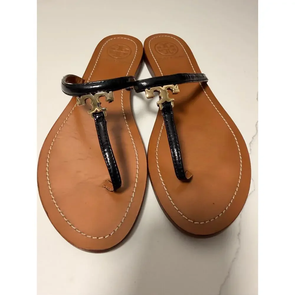 Tory Burch Black Leather Logo Thong Sandals Gold Double T Women’s 8.5
